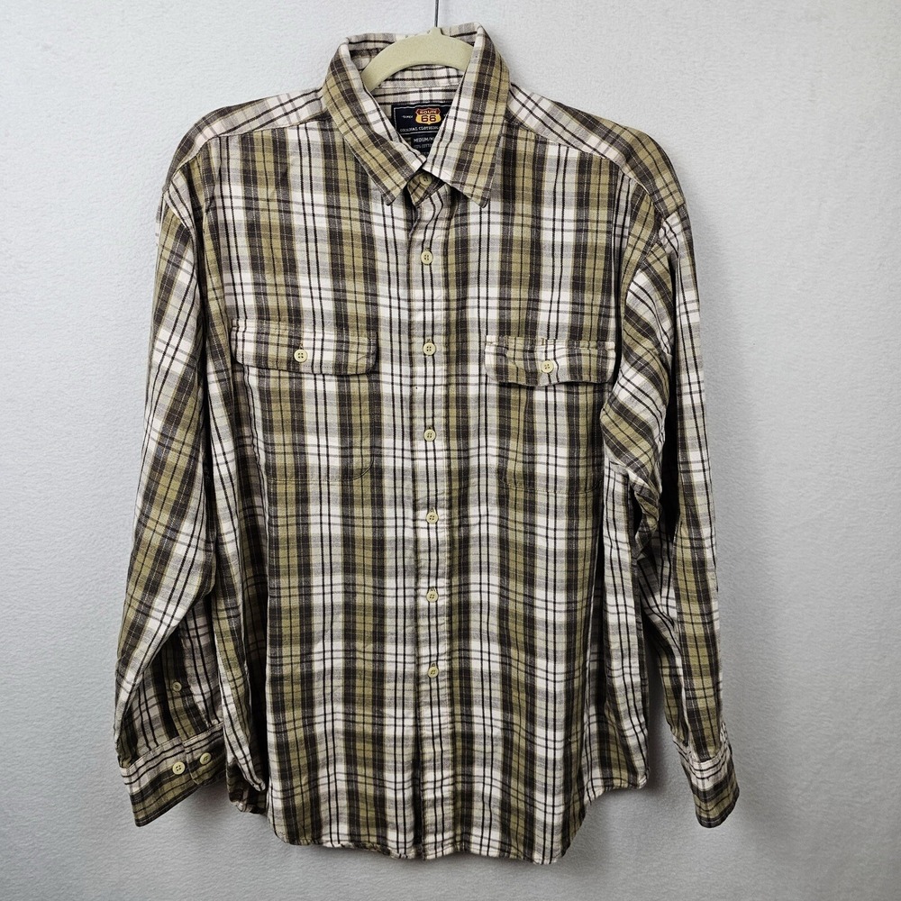 Route 66 Shirt Men's Size Medium Green White Plaid Long Sleeve Button Up Vintage